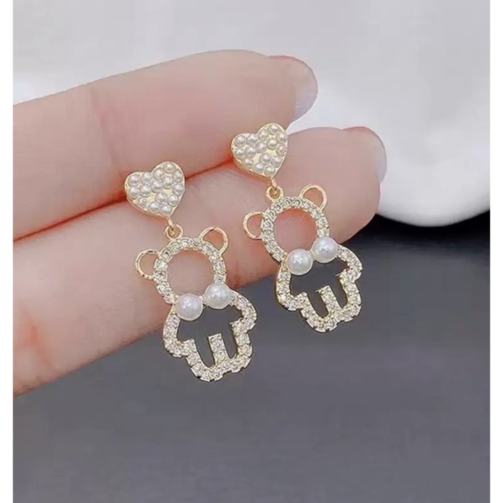 Mini Bear Rhinestones Dangle Earrings Statement Faux Pearl Gold‎ Accent Jewelry